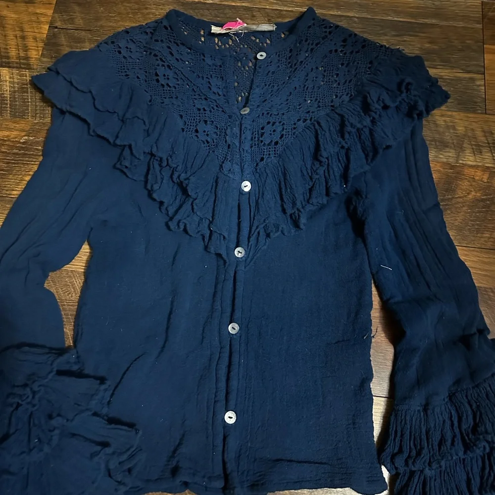 Jen’s Pirate Booty linen shirt with ruffles and ruffles. Deep blue. Size S. - Picture 7 of 14